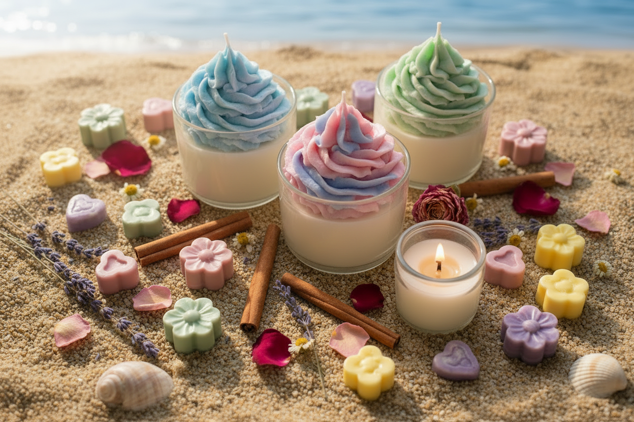 Bougies chantilly bleues roses vertes sur plage