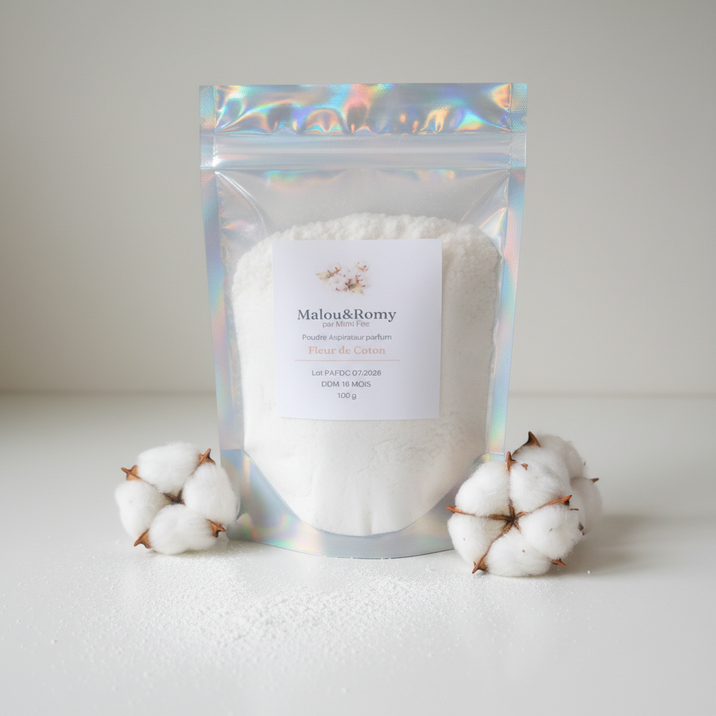 Poudre aspirateur parfumée Fleur de Coton Mimi-Fee dans un sachet holographique refermable avec des fleurs de coton