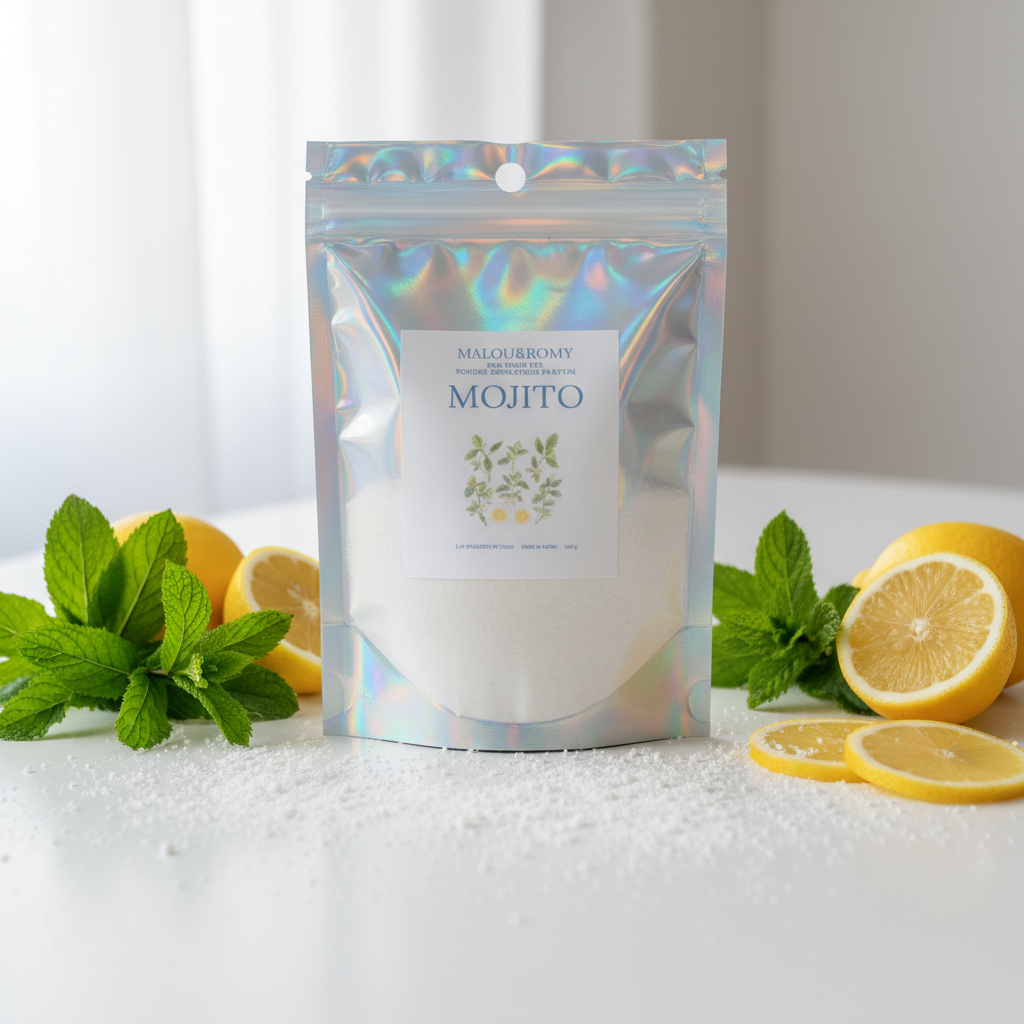 Sachet holographique de poudre aspirateur parfumée Mimi-Fee senteur Mojito avec citrons frais et feuilles de menthe