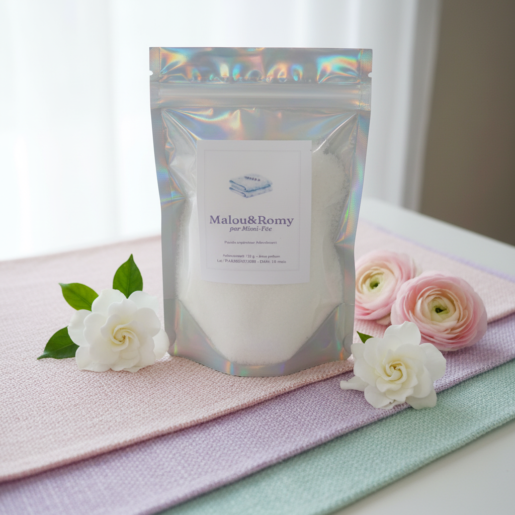 Sachet holographique de poudre aspirateur parfumée Mimi-Fee posé sur des serviettes pastel avec des fleurs blanches et roses