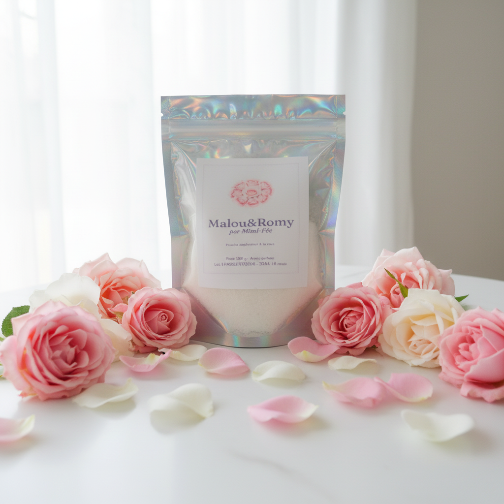 Sachet holographique de poudre aspirateur parfumée Mimi-Fee entouré de roses roses et blanches sur fond lumineux