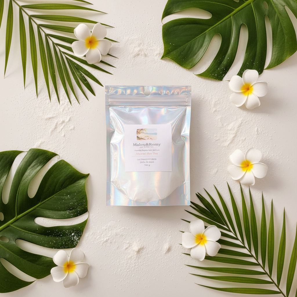 Sachet holographique de poudre aspirateur parfumée Mimi-Fee entouré de feuilles tropicales et de fleurs de frangipanier